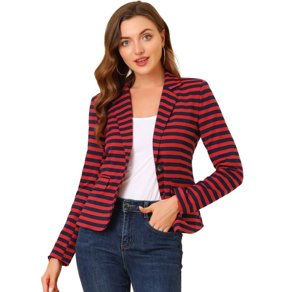 Notched Lapel Pocket Button Closure Striped Blazer Red Blue